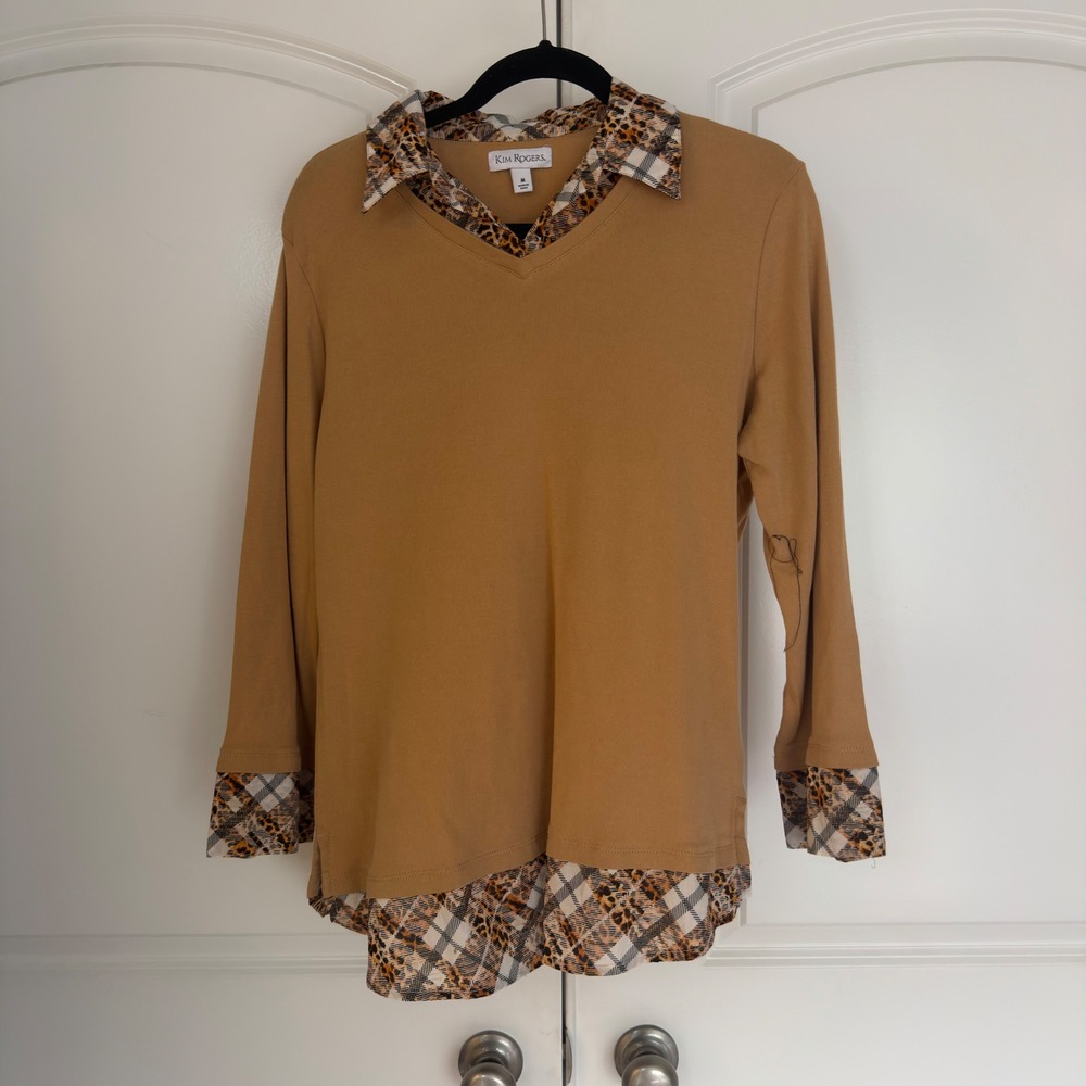 Kim Rogers Womens Layered Look Top Mustard Leopard Plaid Trim V-Neck Medium